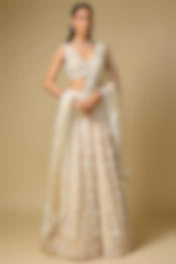 Ivory Tulle Hand Embroidered Bridal Lehenga Set by ASAGA at Pernia's Pop Up Shop