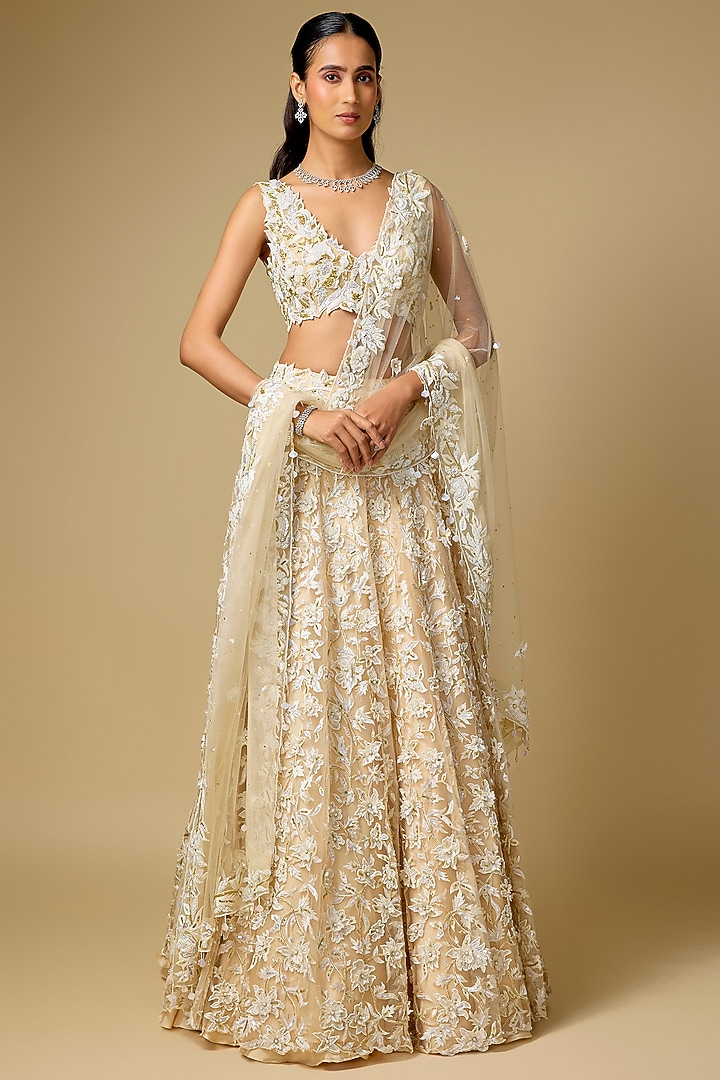 Ivory Tulle Hand Embroidered Bridal Lehenga Set by ASAGA at Pernia's Pop Up Shop