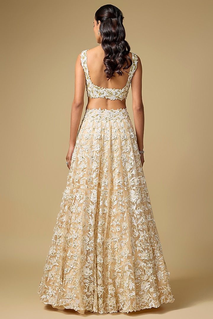 Ivory Tulle Hand Embroidered Bridal Lehenga Set by ASAGA at Pernia's Pop Up Shop