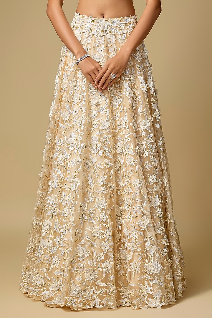 Ivory Tulle Hand Embroidered Bridal Lehenga Set by ASAGA at Pernia's Pop Up Shop