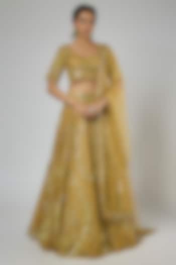 Gold Tulle Hand Embroidered Bridal Lehenga Set by ASAGA at Pernia's Pop Up Shop
