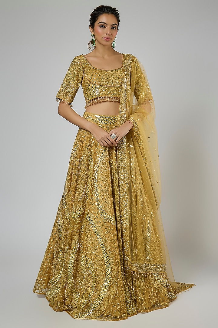 Gold Tulle Hand Embroidered Bridal Lehenga Set by ASAGA at Pernia's Pop Up Shop