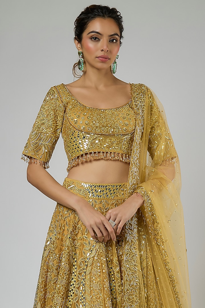 Gold Tulle Hand Embroidered Bridal Lehenga Set by ASAGA at Pernia's Pop Up Shop