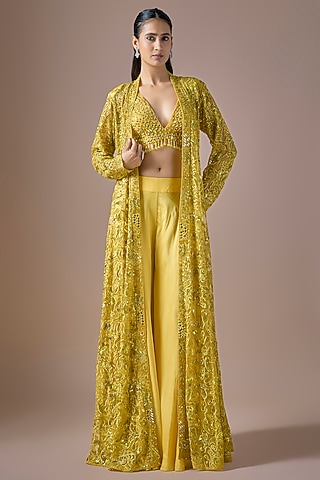 Yellow Satin & Tulle Beads Embroidered Jacket Set by ASAGA