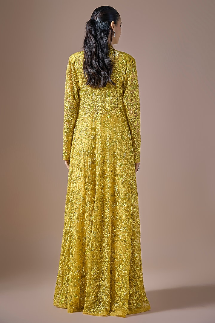 Yellow Satin & Tulle Beads Embroidered Jacket Set by ASAGA at Pernia's Pop Up Shop