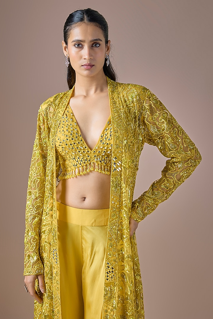 Yellow Satin & Tulle Beads Embroidered Jacket Set by ASAGA at Pernia's Pop Up Shop