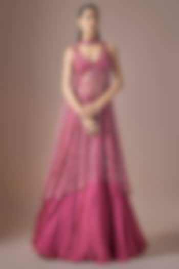 Magenta Satin & Tulle Embroidered Jacket Wedding Lehenga Set by ASAGA at Pernia's Pop Up Shop