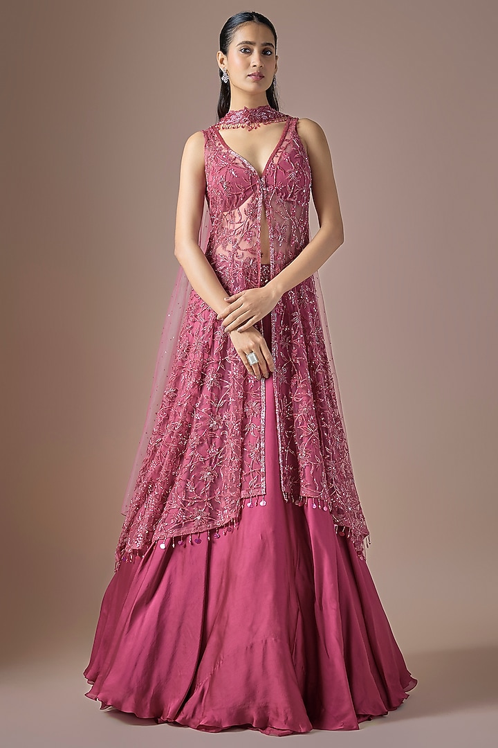 Magenta Satin & Tulle Embroidered Jacket Wedding Lehenga Set by ASAGA at Pernia's Pop Up Shop