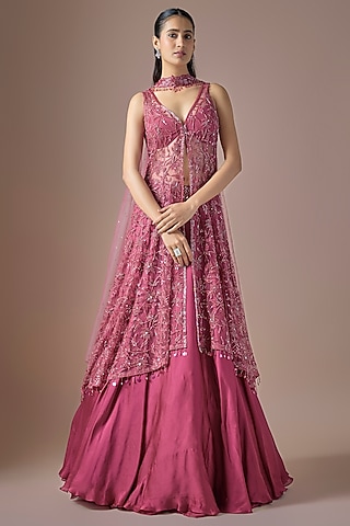 Magenta Satin & Tulle Embroidered Jacket Lehenga Set by ASAGA