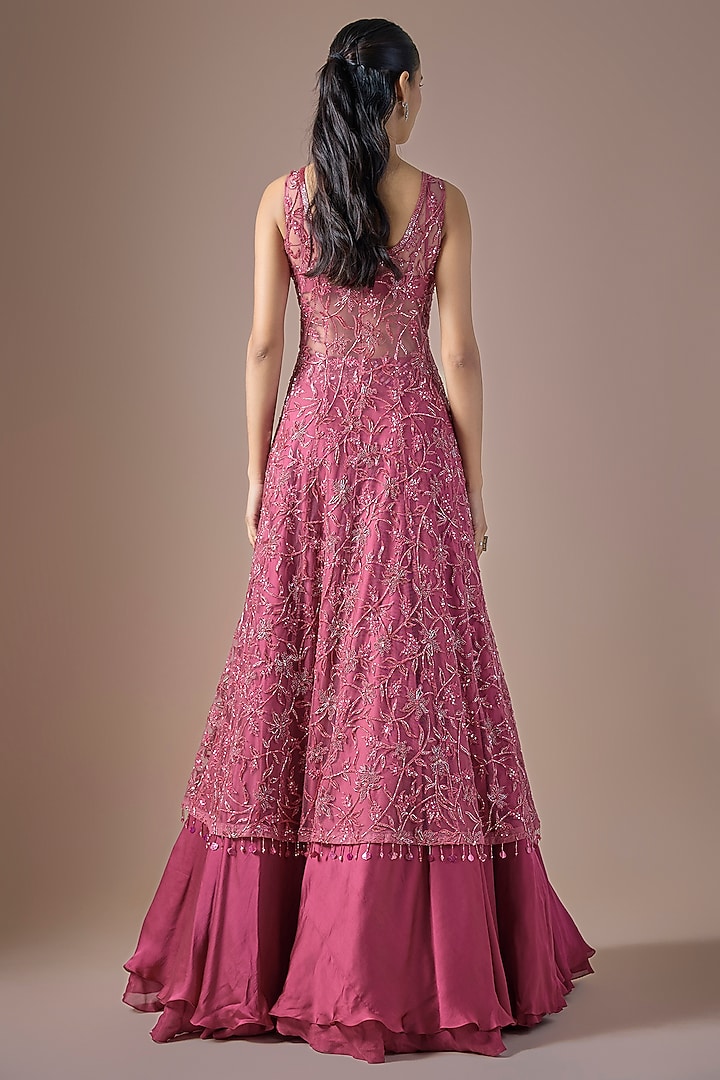 Magenta Satin & Tulle Embroidered Jacket Wedding Lehenga Set by ASAGA at Pernia's Pop Up Shop