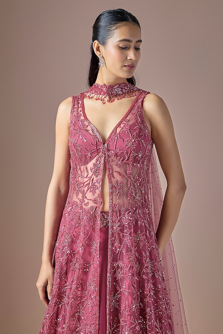 Magenta Satin & Tulle Embroidered Jacket Wedding Lehenga Set by ASAGA at Pernia's Pop Up Shop