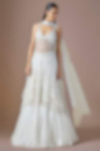 Ivory Satin & Tulle Embroidered Jacket Wedding Lehenga Set by ASAGA at Pernia's Pop Up Shop