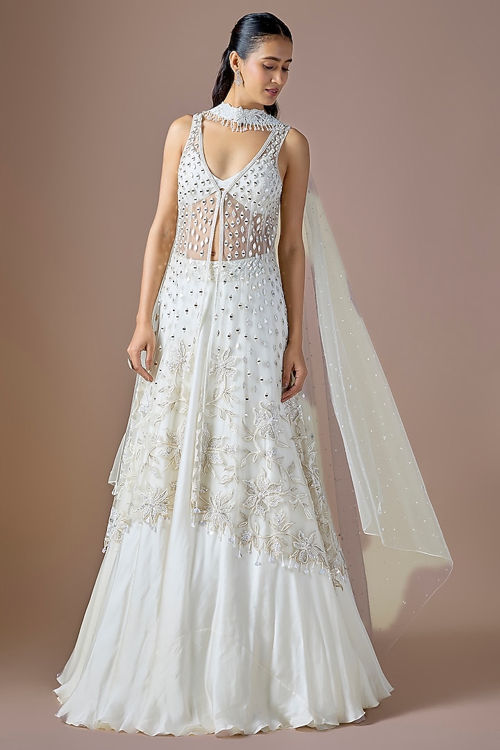 Ivory Satin & Tulle Embroidered Jacket Wedding Lehenga Set by ASAGA at Pernia's Pop Up Shop