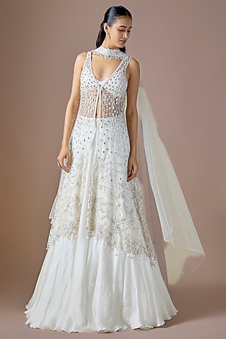 Ivory Satin & Tulle Embroidered Jacket Lehenga Set by ASAGA