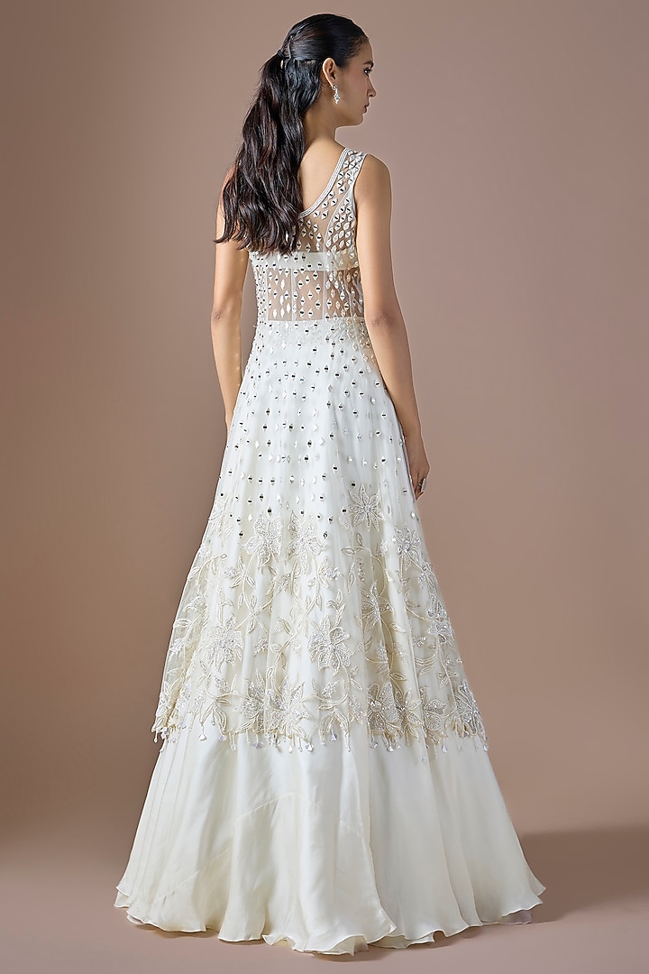 Ivory Satin & Tulle Embroidered Jacket Wedding Lehenga Set by ASAGA at Pernia's Pop Up Shop