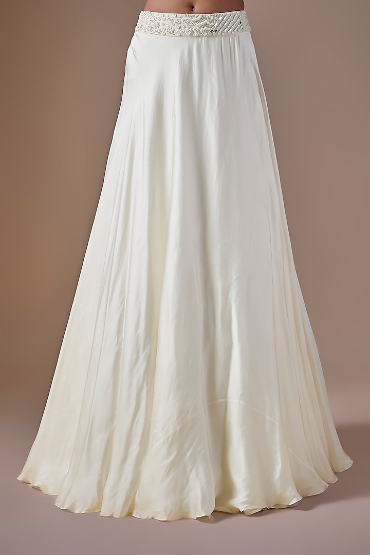 Ivory Satin & Tulle Embroidered Jacket Wedding Lehenga Set by ASAGA at Pernia's Pop Up Shop