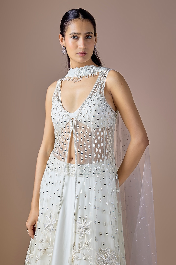 Ivory Satin & Tulle Embroidered Jacket Wedding Lehenga Set by ASAGA at Pernia's Pop Up Shop