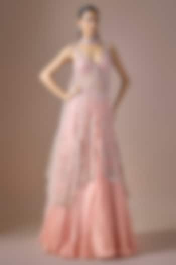 Rose Gold Satin & Tulle Embroidered Jacket Wedding Lehenga Set by ASAGA at Pernia's Pop Up Shop