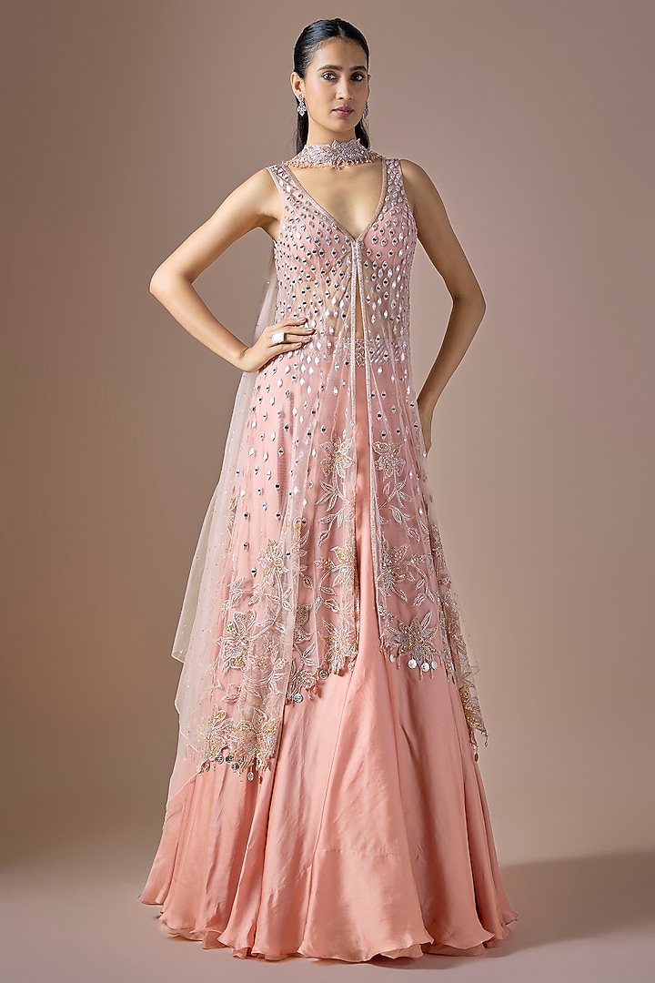 Rose Gold Satin & Tulle Embroidered Jacket Wedding Lehenga Set by ASAGA at Pernia's Pop Up Shop