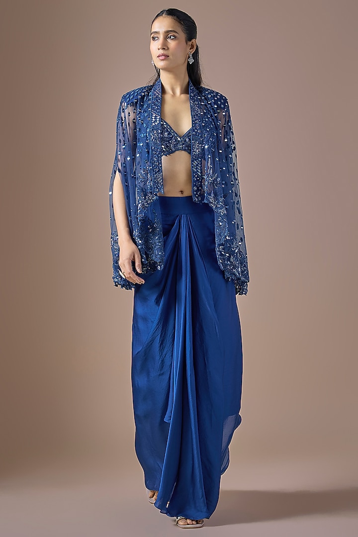 Electric Blue Satin Draped Skirt Set by ASAGA at Pernia's Pop Up Shop