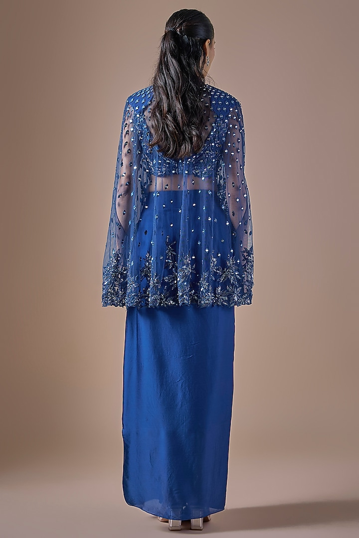 Electric Blue Satin Draped Skirt Set by ASAGA at Pernia's Pop Up Shop
