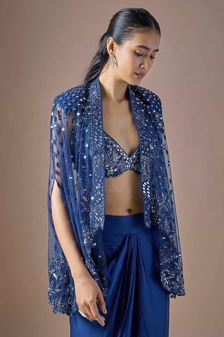 Electric Blue Satin Draped Skirt Set by ASAGA at Pernia's Pop Up Shop