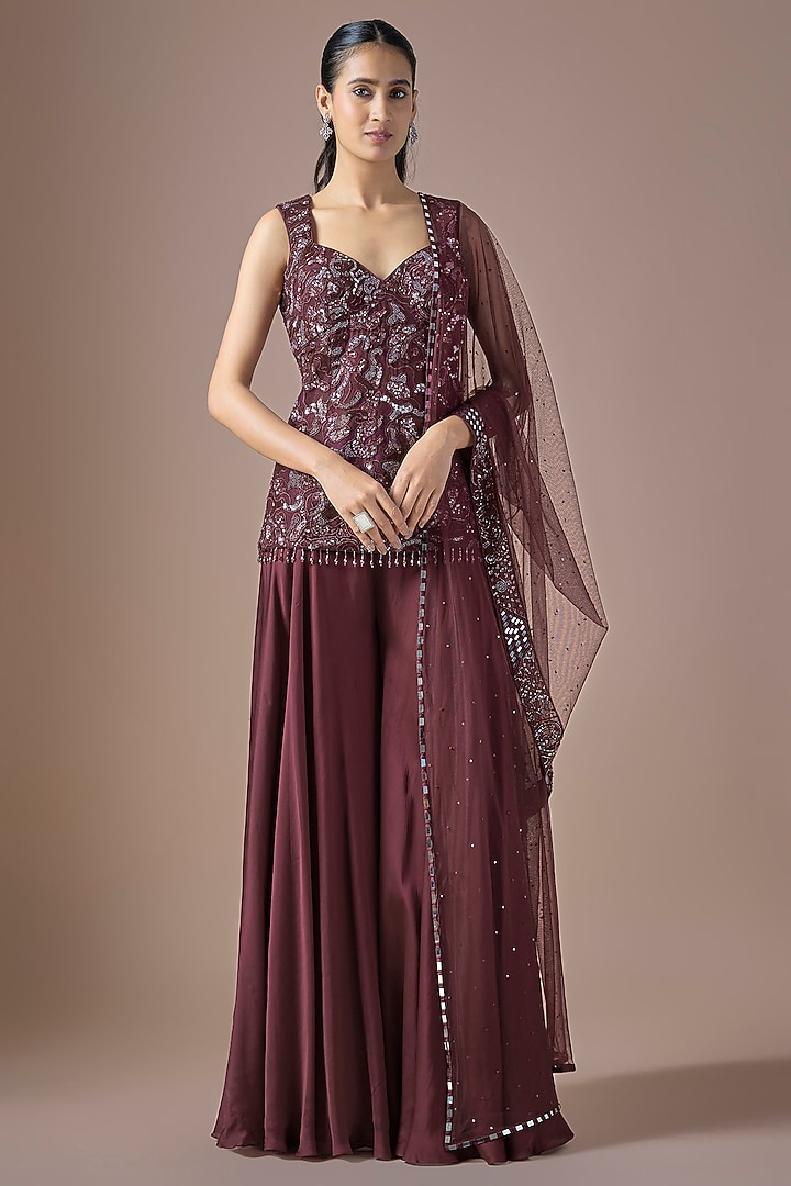 Wine Tulle Embroidered Wedding Sharara Set by ASAGA at Pernia's Pop Up Shop