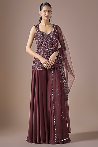 Wine Tulle Embroidered Sharara Set by ASAGA