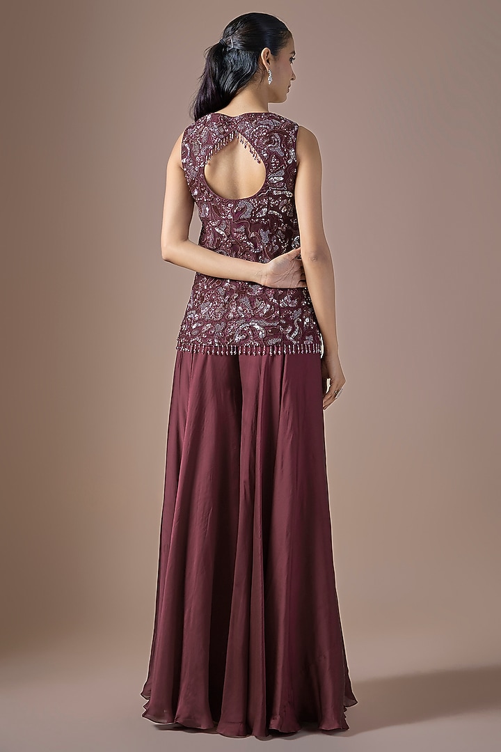 Wine Tulle Embroidered Wedding Sharara Set by ASAGA at Pernia's Pop Up Shop