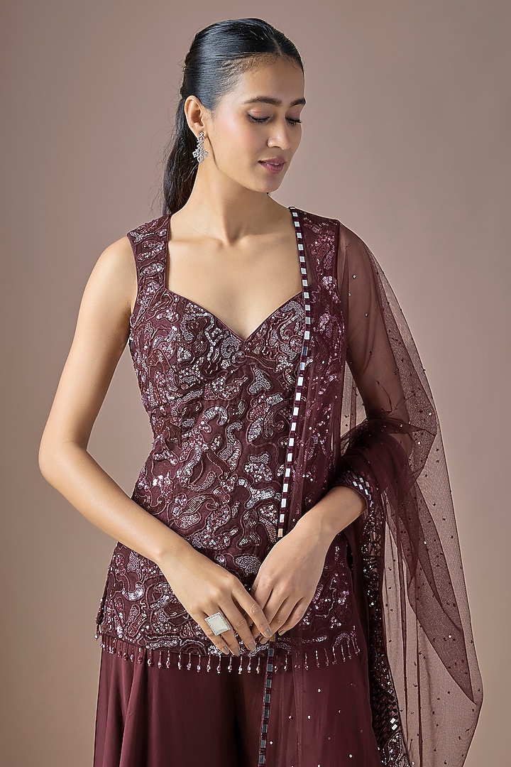 Wine Tulle Embroidered Wedding Sharara Set by ASAGA at Pernia's Pop Up Shop