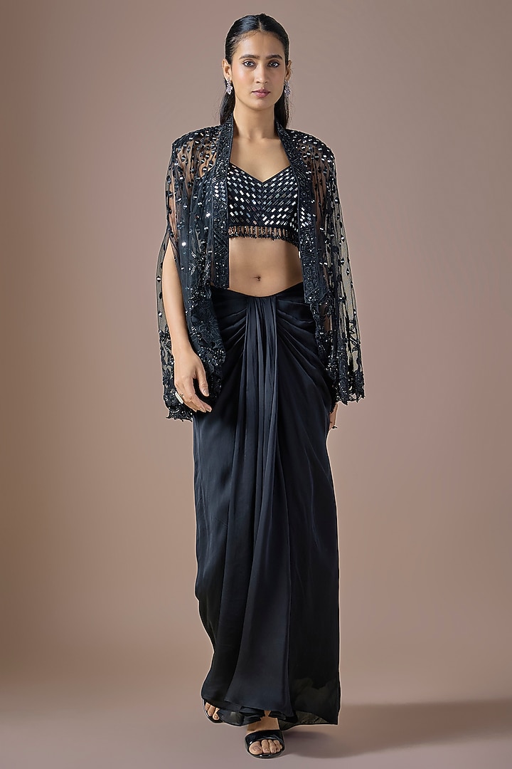 Black Tulle Mirror Embroidered Cape Set by ASAGA at Pernia's Pop Up Shop