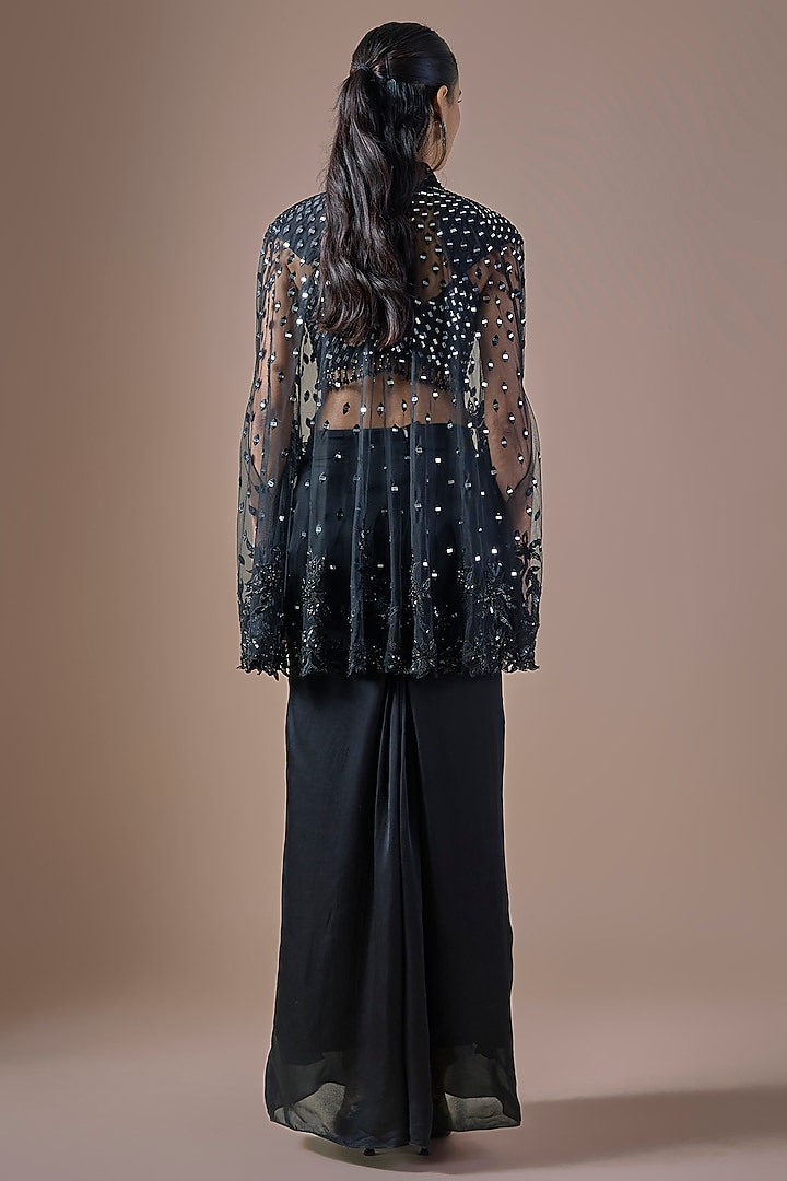 Black Tulle Mirror Embroidered Cape Set by ASAGA at Pernia's Pop Up Shop