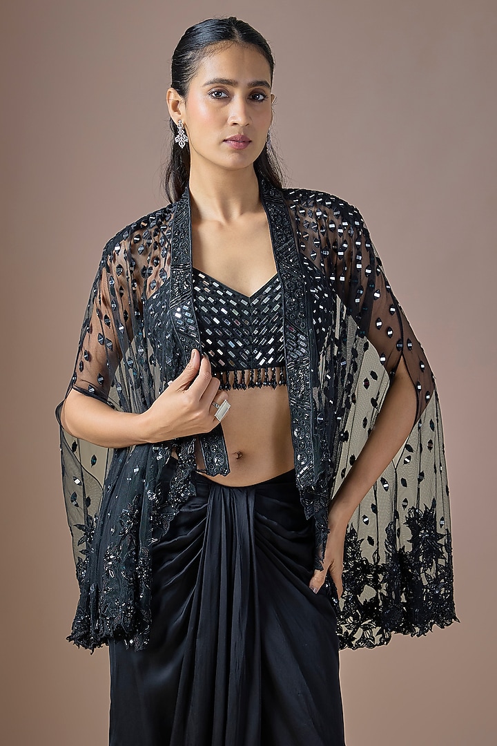 Black Tulle Mirror Embroidered Cape Set by ASAGA at Pernia's Pop Up Shop