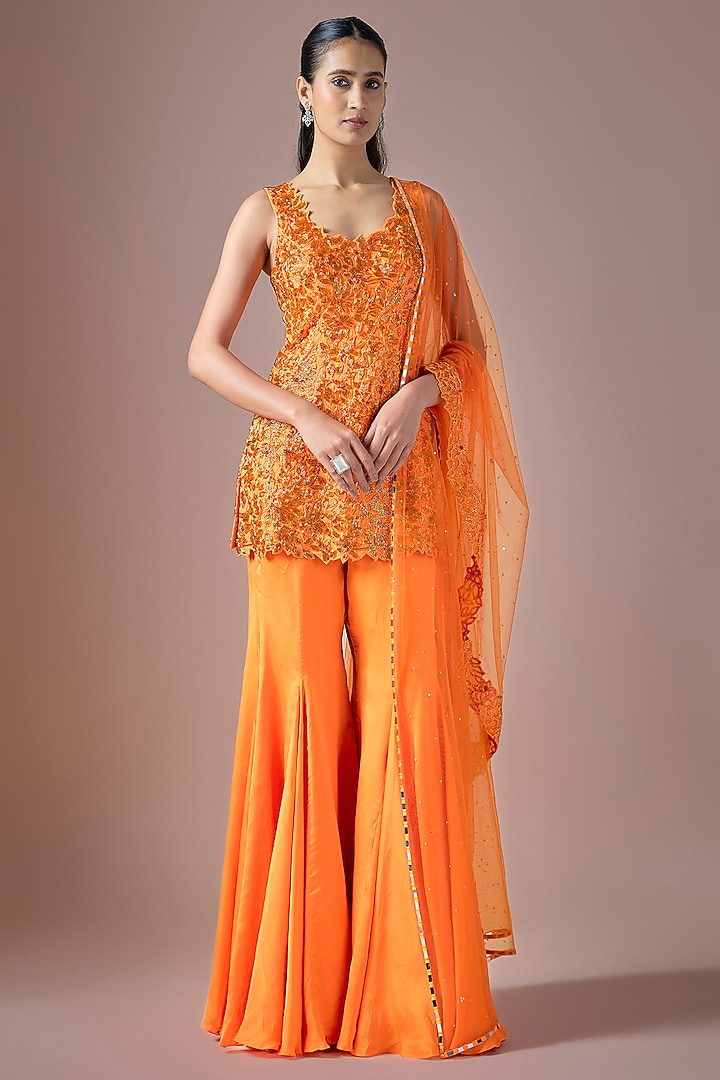 Orange Satin Wedding Sharara Set by ASAGA at Pernia's Pop Up Shop