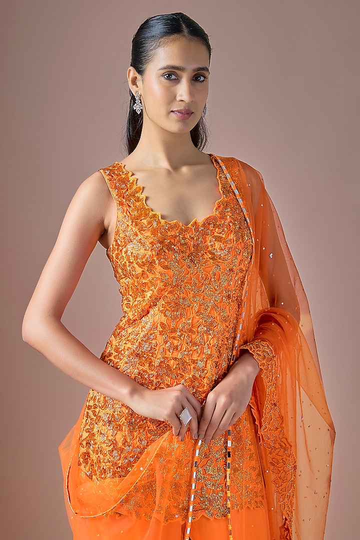Orange Satin Wedding Sharara Set by ASAGA at Pernia's Pop Up Shop