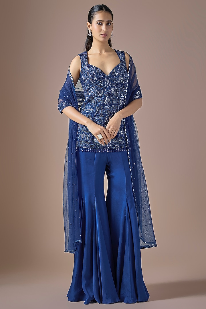 Electric Blue Satin Wedding Sharara Set by ASAGA at Pernia's Pop Up Shop