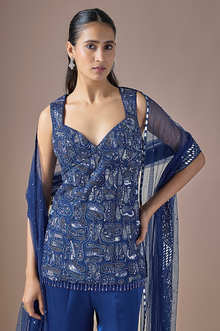 Electric Blue Satin Wedding Sharara Set by ASAGA at Pernia's Pop Up Shop