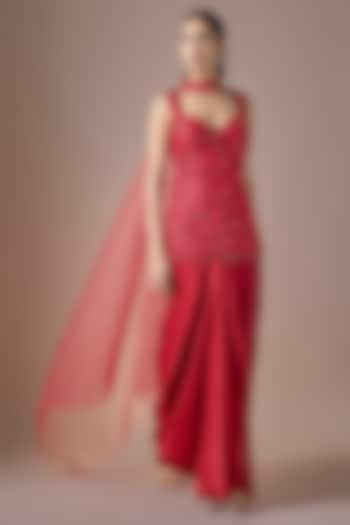 Red Satin Draped Skirt Set by ASAGA at Pernia's Pop Up Shop