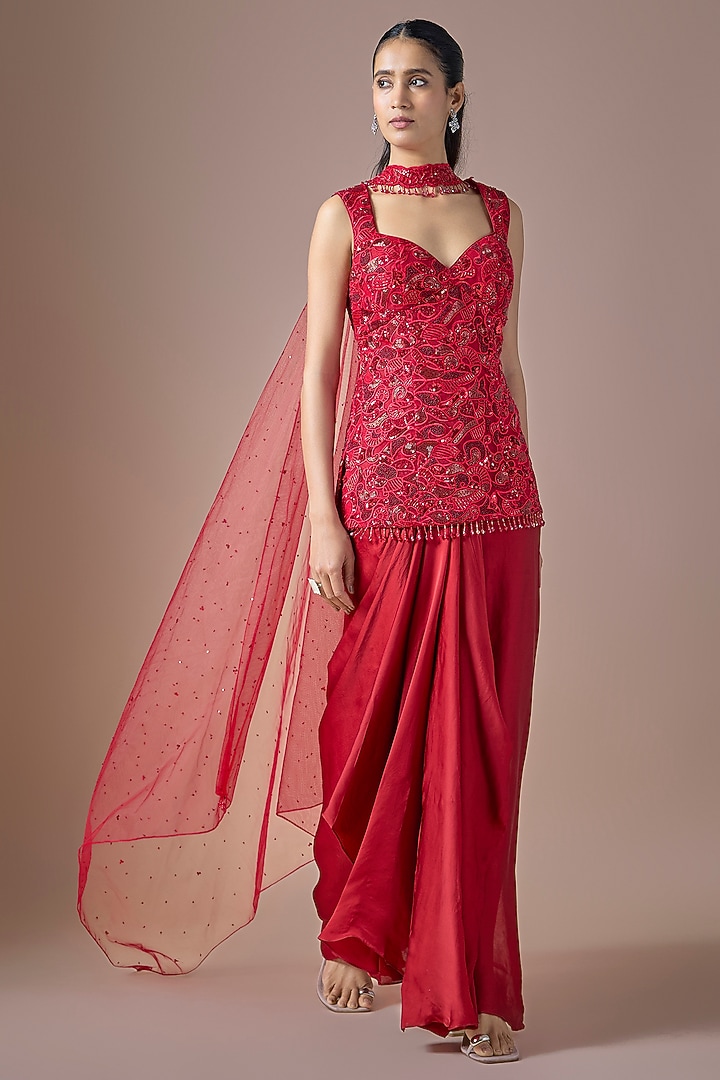 Red Satin Draped Skirt Set by ASAGA at Pernia's Pop Up Shop