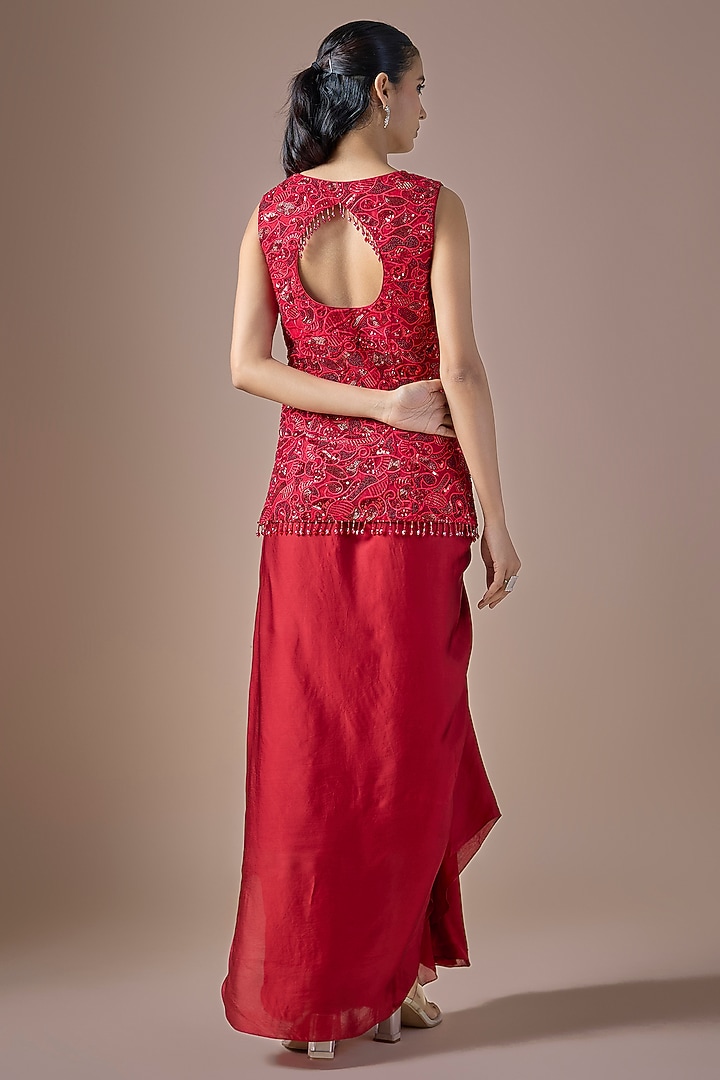 Red Satin Draped Skirt Set by ASAGA at Pernia's Pop Up Shop