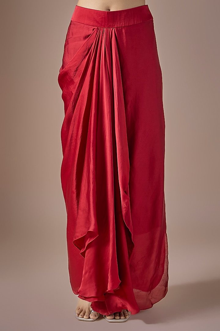 Red Satin Draped Skirt Set by ASAGA at Pernia's Pop Up Shop