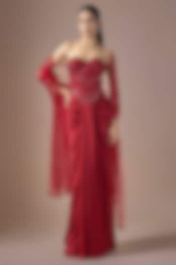 Red Satin Draped Skirt Set by ASAGA at Pernia's Pop Up Shop