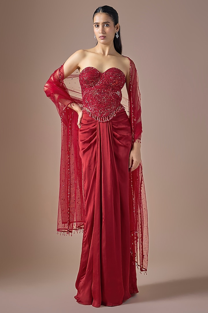 Red Satin Draped Skirt Set by ASAGA at Pernia's Pop Up Shop