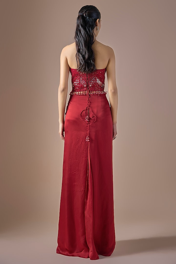Red Satin Draped Skirt Set by ASAGA at Pernia's Pop Up Shop