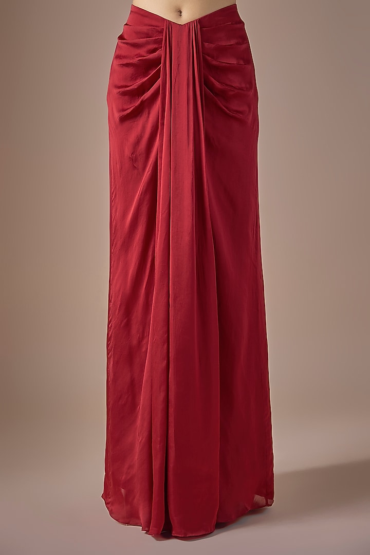 Red Satin Draped Skirt Set by ASAGA at Pernia's Pop Up Shop