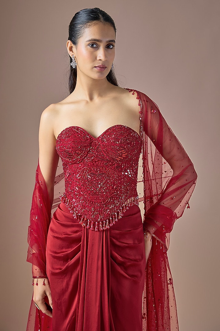 Red Satin Draped Skirt Set by ASAGA at Pernia's Pop Up Shop