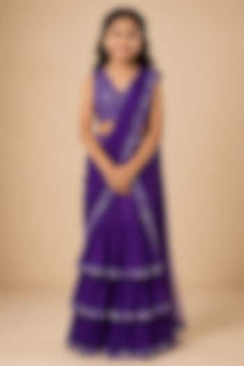 Purple Satin Organza Tulle Floral Printed Draped Saree Set For Girls by Asaga Kids Atelier at Pernia's Pop Up Shop