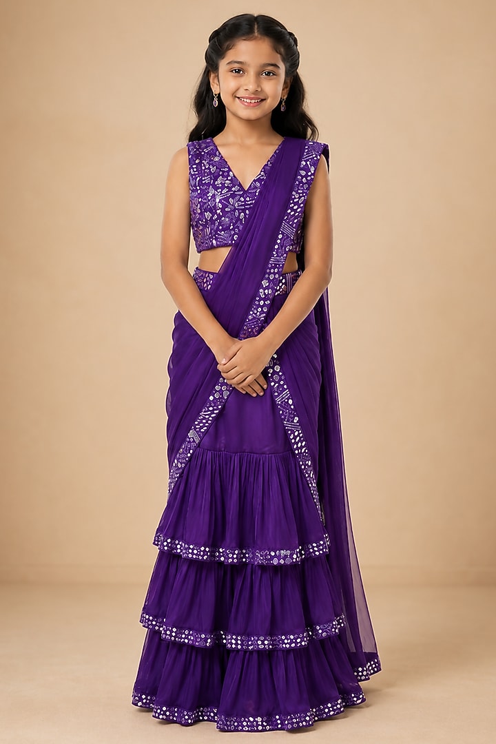 Purple Satin Organza Tulle Floral Printed Draped Saree Set For Girls by Asaga Kids Atelier at Pernia's Pop Up Shop