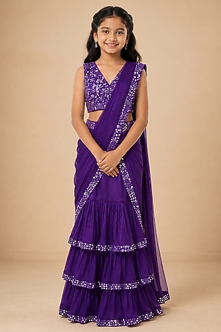 Purple Satin Organza Tulle Floral Printed Draped Saree Set For Girls by Asaga Kids Atelier