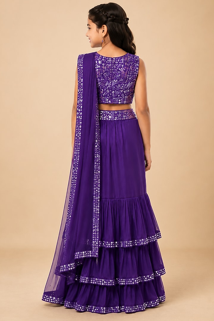 Purple Satin Organza Tulle Floral Printed Draped Saree Set For Girls by Asaga Kids Atelier at Pernia's Pop Up Shop